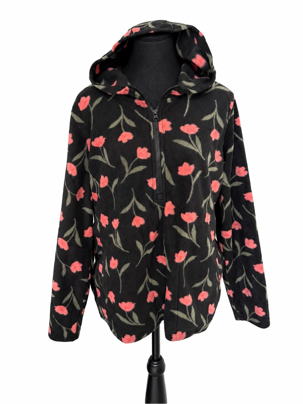 O’Neill Floral Fleece Jacket Black Pink Hooded Full Zip Size M